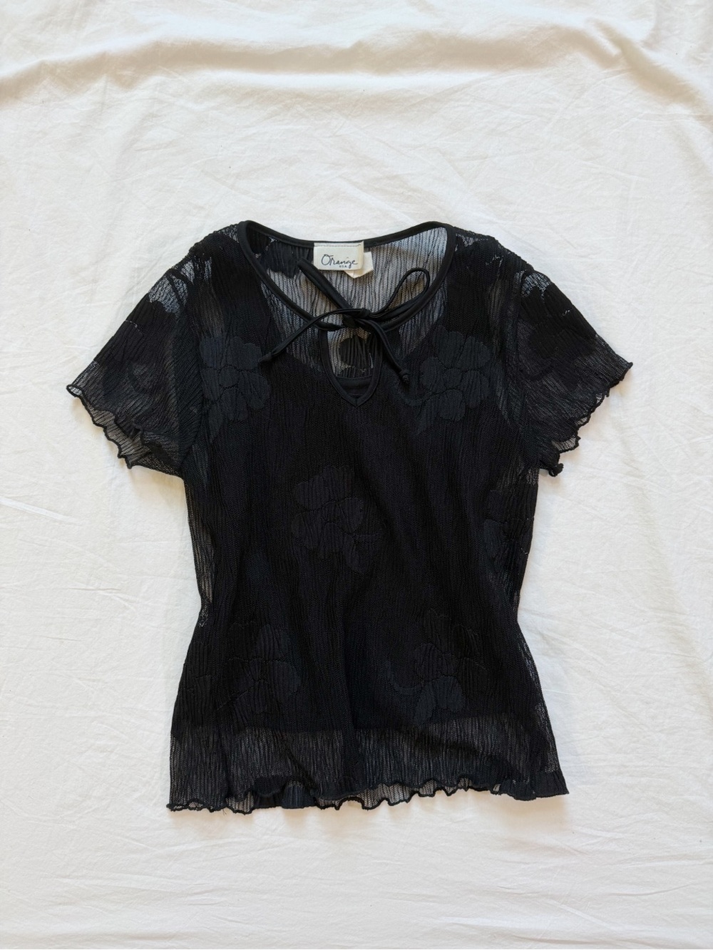 Orage Black Floral Mesh Tie-Neck Short Sleeve Top
